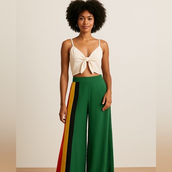 Farm Rio Boho Reggae Festival Striped Green Pink Asymmetrical Cropped Pants G/L - Picture 11 of 13